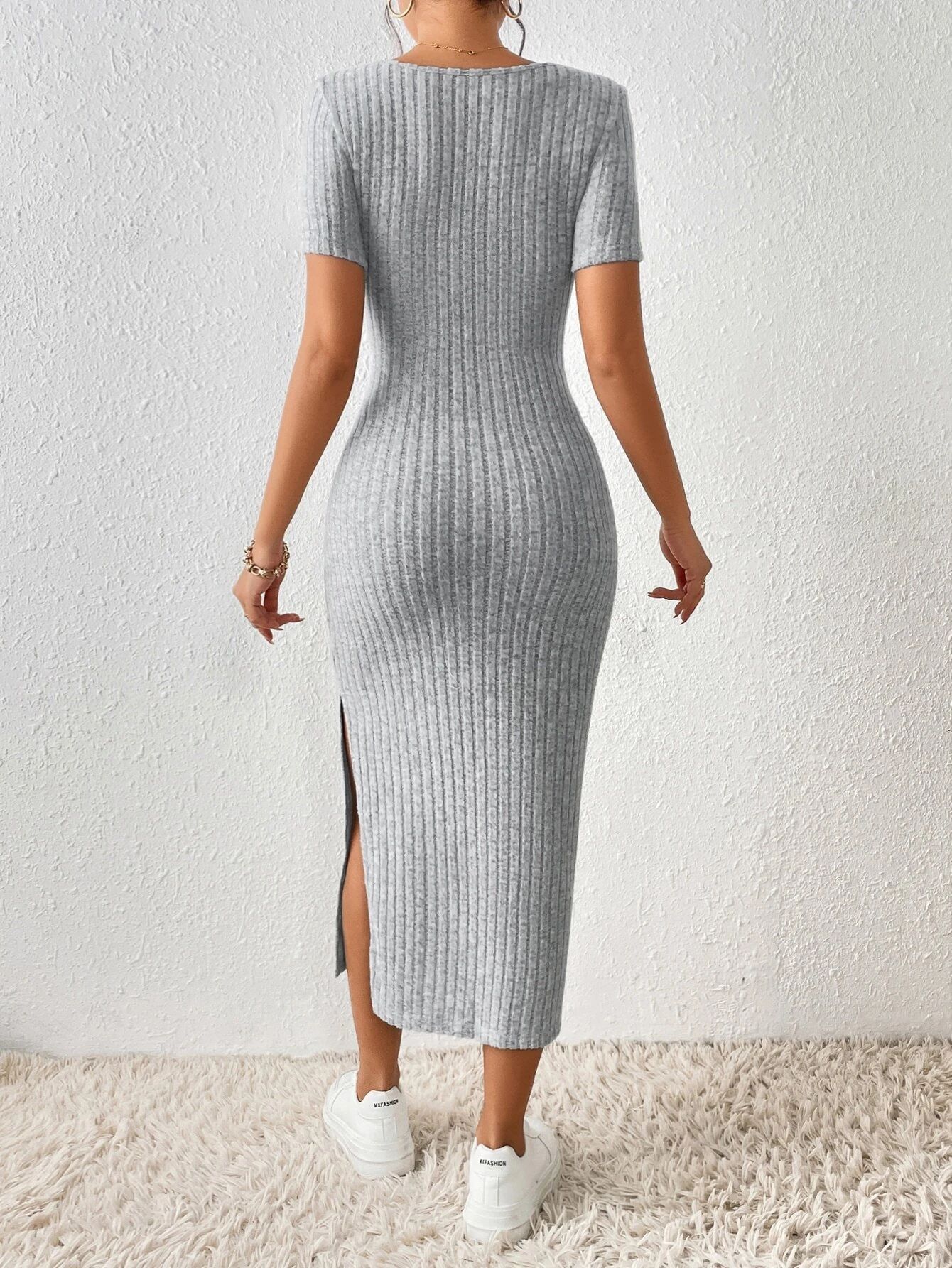 Women's Square Neck Slim Fit Bodycon Dress Sexy Slit European American Style Soft Summer Fashion Dress_ecoleips.com