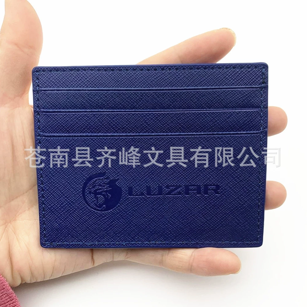 Производитель кожаных держателей для карт из искусственной кожи PU с тисненым логотипом на заказ, темно-синим крестообразным узором, односторонним, с тремя слотами для карт