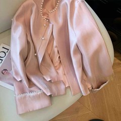 新中式粉色珠光钉珠缎面外套女2025春秋季新款轻国风气质减龄上衣