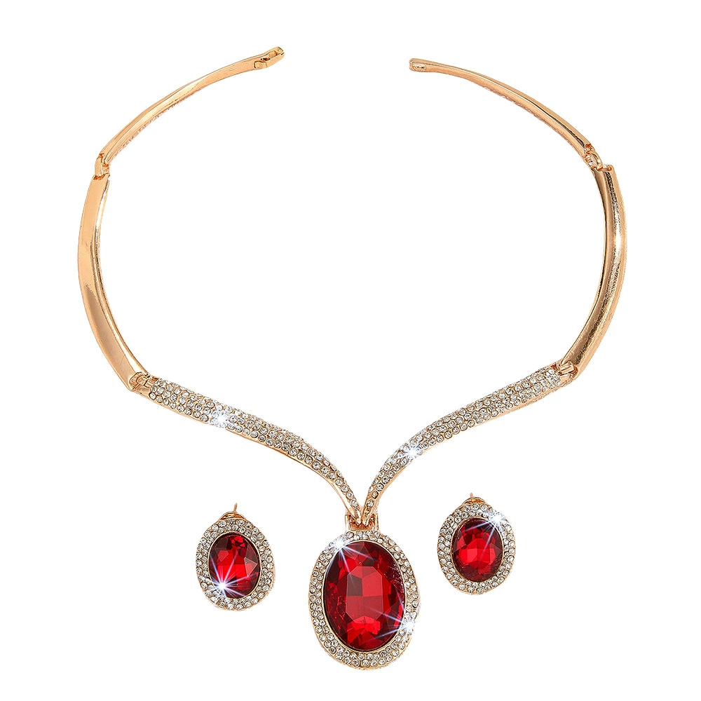 Golden metal white stone inlay, red crystal necklace, necklace and earrings, set, accessory, European style