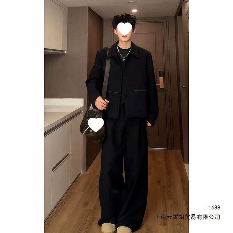 Black casual blazer for men, spring and autumn style, American-style shoulder-padded jacket with a turn-down collar, old money style suit top