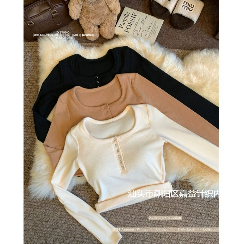 Корейская версия футболки с круглым вырезом с длинным рукавом на плече