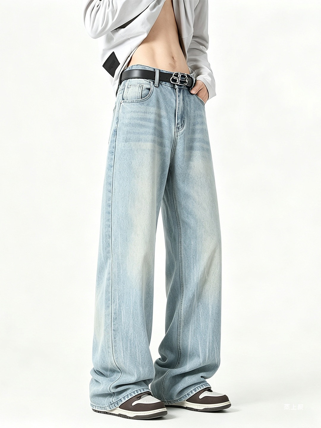 Clean and well-fitting lightning-patterned jeans for men, autumn American-style loose blue wide-leg pants, slim-fit straight-leg trousers