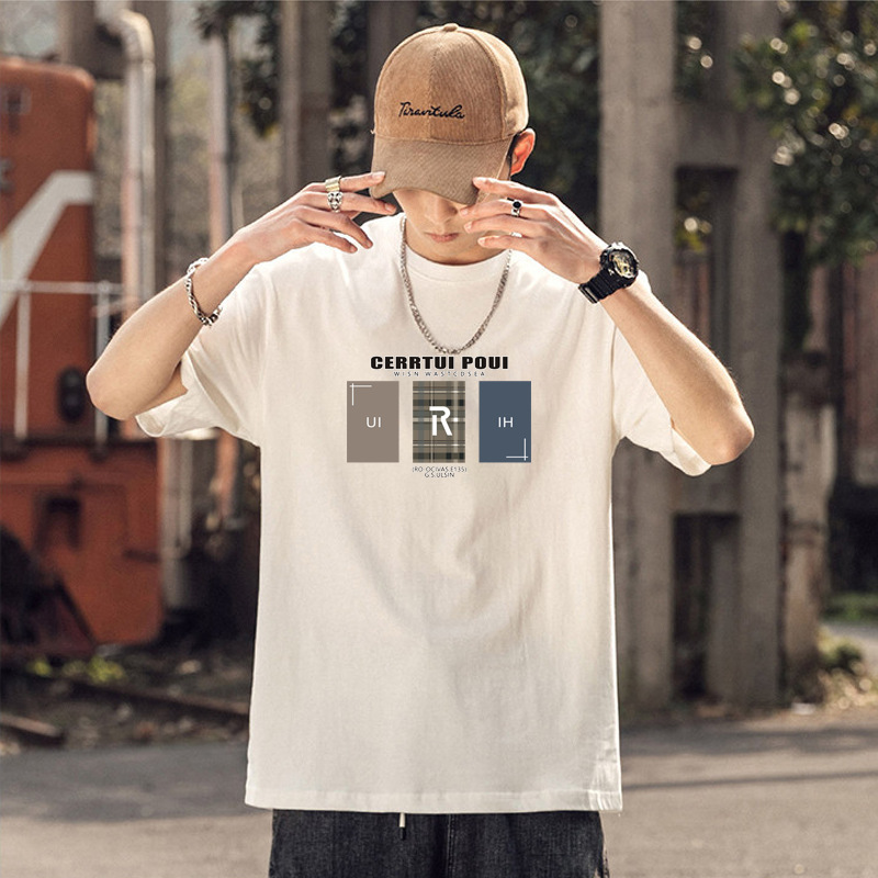 Camiseta de manga corta de los hombres de algodón de manga corta pie 230G pesada suelta marca de moda verano cuello redondo Camiseta de los hombres