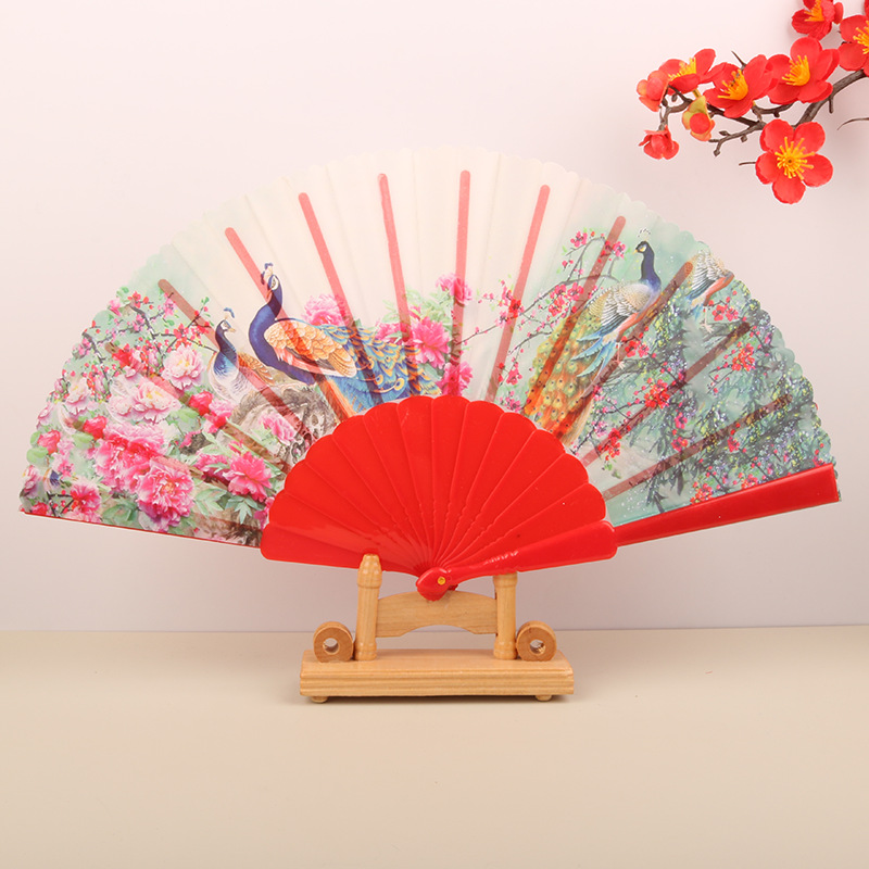 手摇折叠扇塑料花边扇子孔雀扇彩色扇骨中国风布扇子开屏扇舞蹈扇