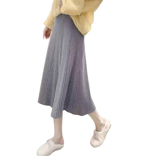 Knitted half skirt for women, autumn and winter long length Korean style high-waisted black pleated skirt with winter woolen skirt