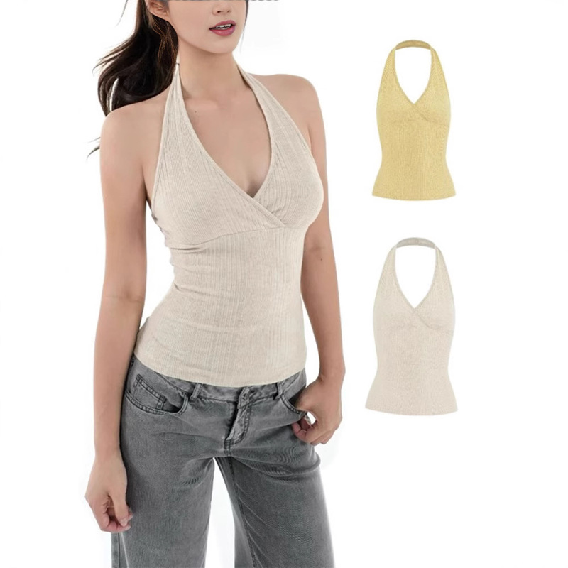 In-Stock American-Style Spicy Girl Pure Desire Cross V-Neck Halter Neck Camisole with Open Back Top for Women, Knitted Slim Beauty Vest