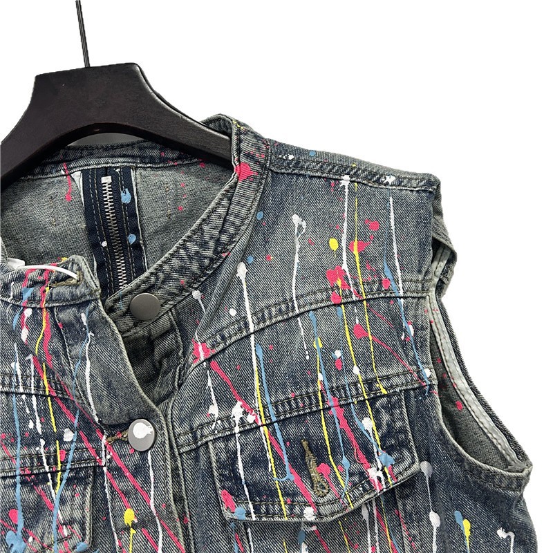 American Retro Graffiti Pintado a mano Diseño de nicho Chaleco de mezclilla Mujer Ropa exterior Nuevo estilo Estilo occidental Chaqueta de chaleco de moda Tendencia