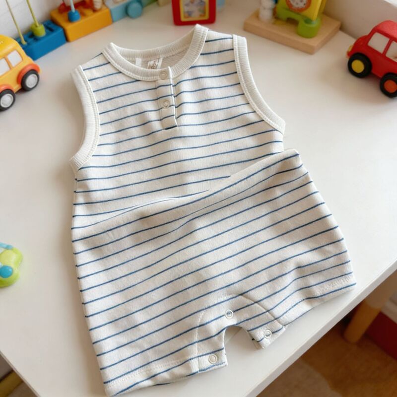 Summer New Style Sleeveless Striped Jumpsuit for Boys and Girls, Versatile Crawling Outfit for Infants, Thin Romper