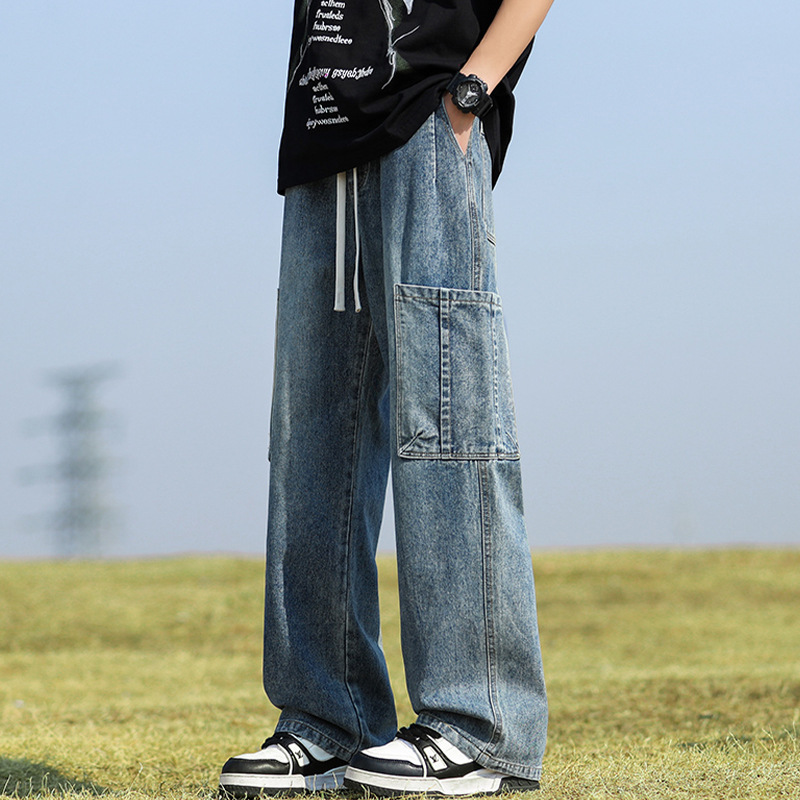 Men's Wide-Leg Jeans Summer New Loose Straight Long Pants Trendy Brand Washed Retro Casual Cargo Pants