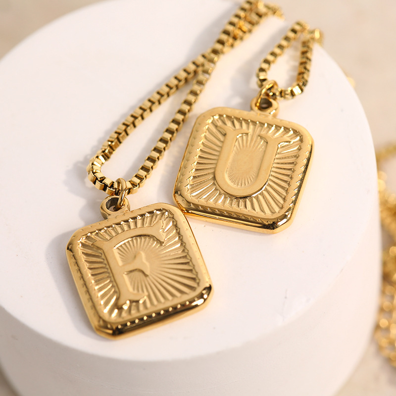 201 Stainless Steel Chain Material box chain Chain Type 201 Stainless Steel 304 Stainless Steel Titanium Steel Fashion Letter Square Pendant Necklace