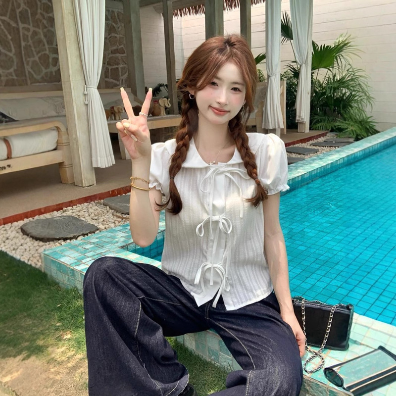 Sweet Doll Collar Lace-Up Bow Puff Sleeve Blouse for Small People, Women's Summer Fresh and Chic Age-Reducing Short Blouse