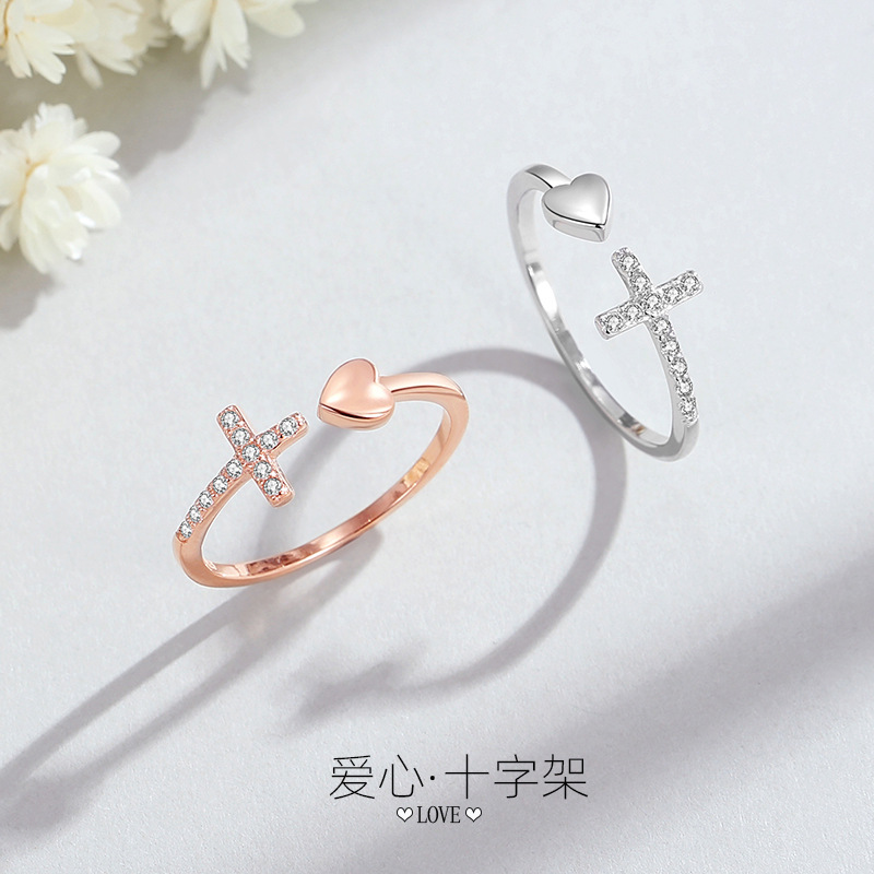 Anillo de amor cruzado europeo y americano Anillo abierto de diseño de nicho femenino Anillo de corazón de plata de ley 925 al por mayor