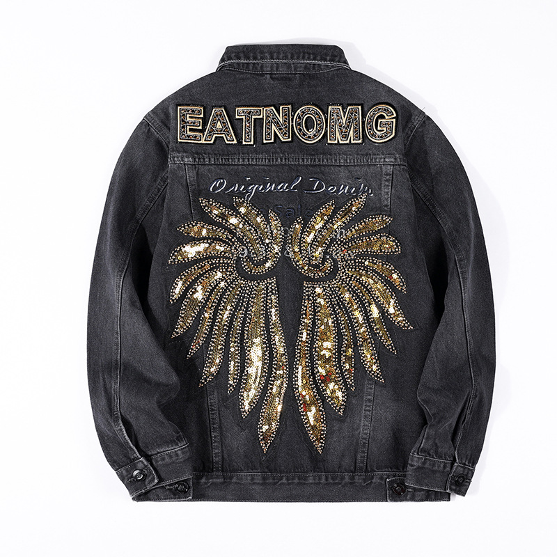 Frühling 2024 Schwarze, mit Perlen verzierte, windbestickte Jeansjacke für Herren, Jeansjacke für Herren_voghion.com