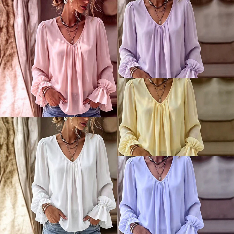 2026 European and American Cross-Border Versatile V-Neck Pleated Elegant Loose Solid Color Long-Sleeve Shirt for Women, Direct from the Factory 2026 European and American Cross-Border Versatile V-Neck Pleated Elegant Loose Solid Color Long-Sleeve Shirt for Women, Direct from the Factory