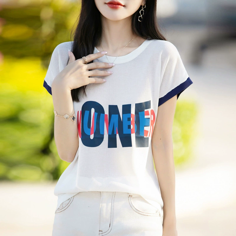 24-летние новые бамбуковые конопляные трикотажные футболки с короткими рукавами и круглыми рукавами для женщин простой универсальный цвет с принтом свободный топ