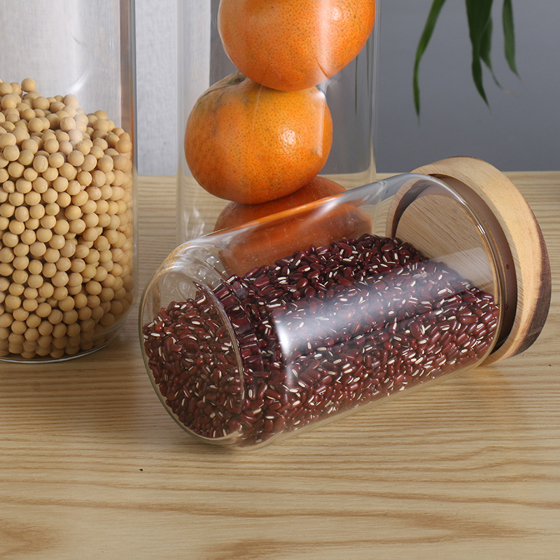 Tapa de madera de acacia frasco de té de vidrio transparente cocina del hogar almacenamiento de productos secos y acabado de frasco sellado frasco de almacenamiento de vidrio
