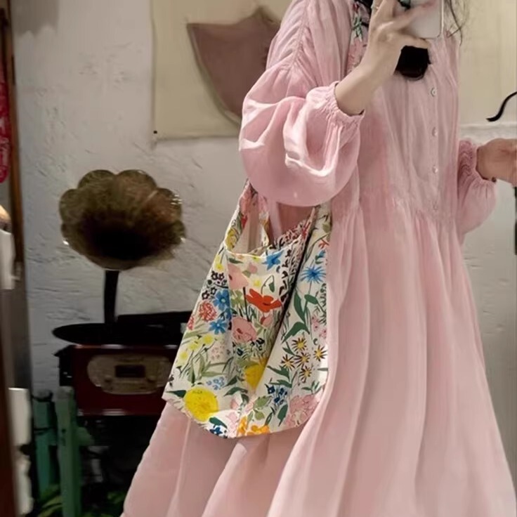 2025 春の新スタイルの小さな超見栄えの良いユニークな美しいピンクのパフスリーブコットンとリネンのシャツドレス女性用|undefined