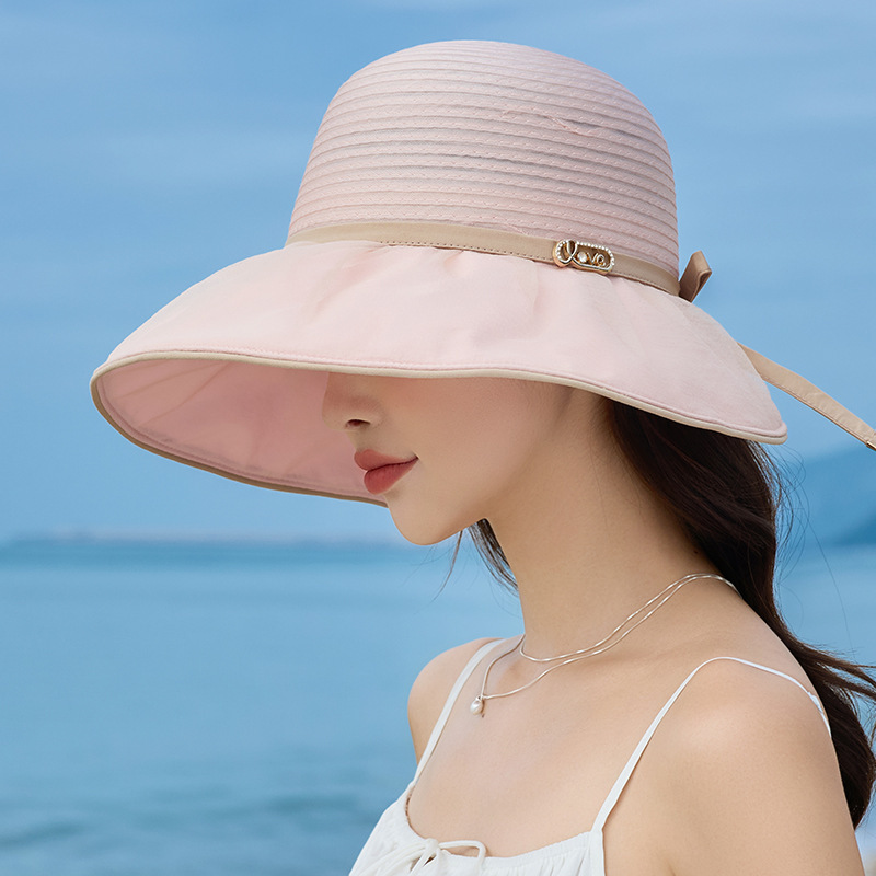 Elegante temperamento superior sombrero protector solar ergena transpirable sombrero de sol de borde grande sombrero de sol de color sólido para mujeres empalmadas arco sombrero de sol