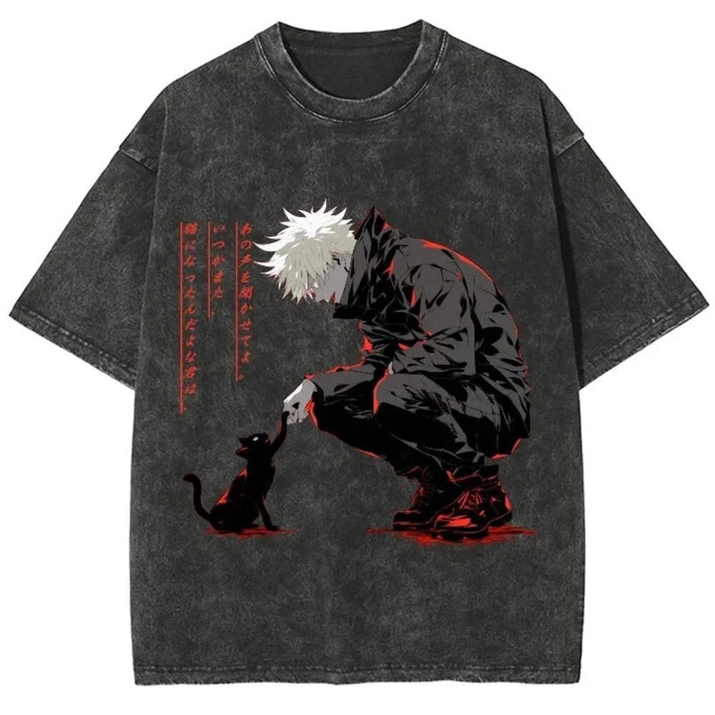 Anime Jujutsu Kaisen Retro Washed T-Shirt Gojo Satoru Shirt Unisex Harajuku Cotton Hip-Hop Street Style