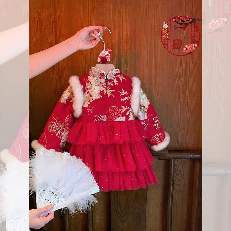 [en stock] ropa de Año Nuevo Tang para niñas ropa de Año Nuevo de invierno cheongsam otoño invierno ropa de Año Nuevo vestido de estilo nacional
