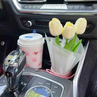 panel desktop decorations cross-border, Car ornaments - 3-milk-white-tulips-free-pink-flower-bucket