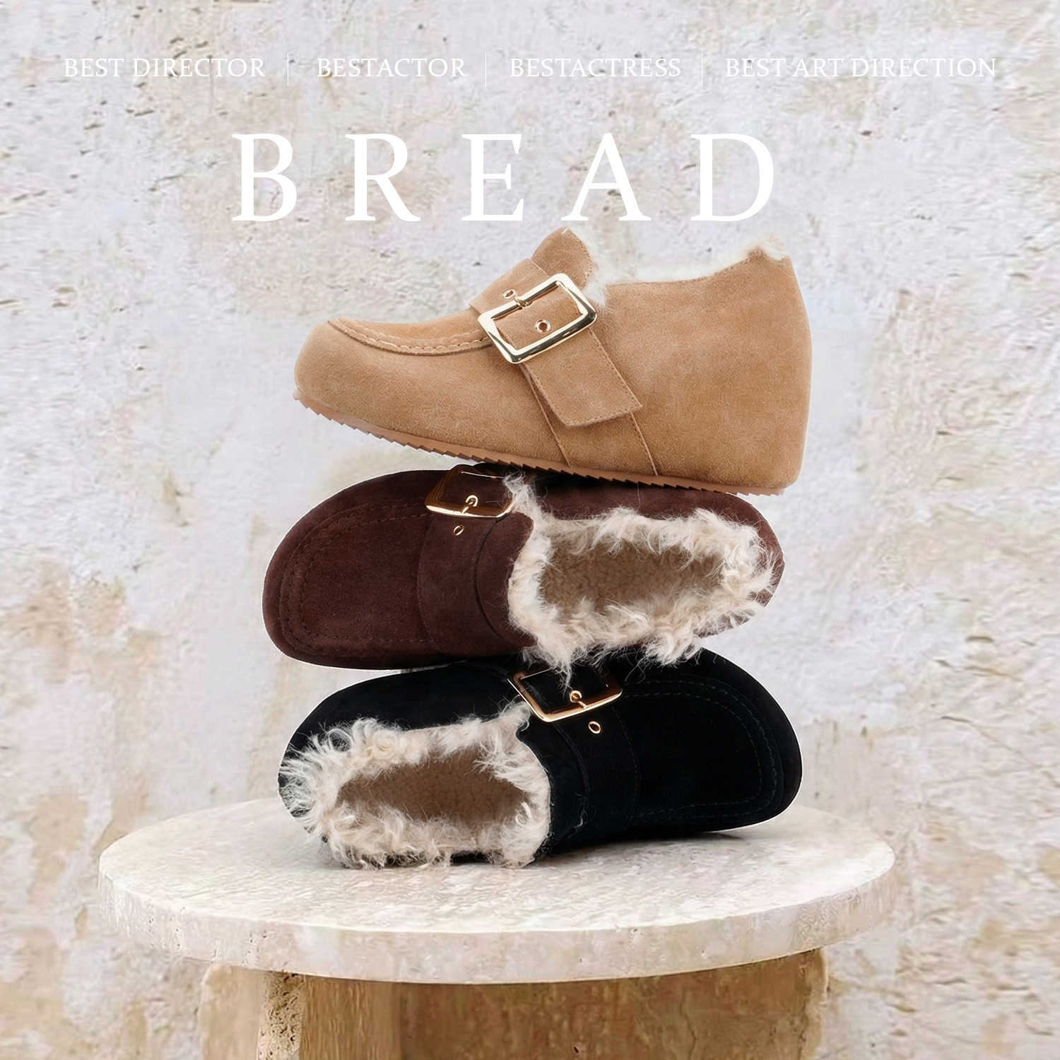 Giày lười nữ da nubuck lót lông mùa đông, đế mềm tăng chiều cao — màu đen