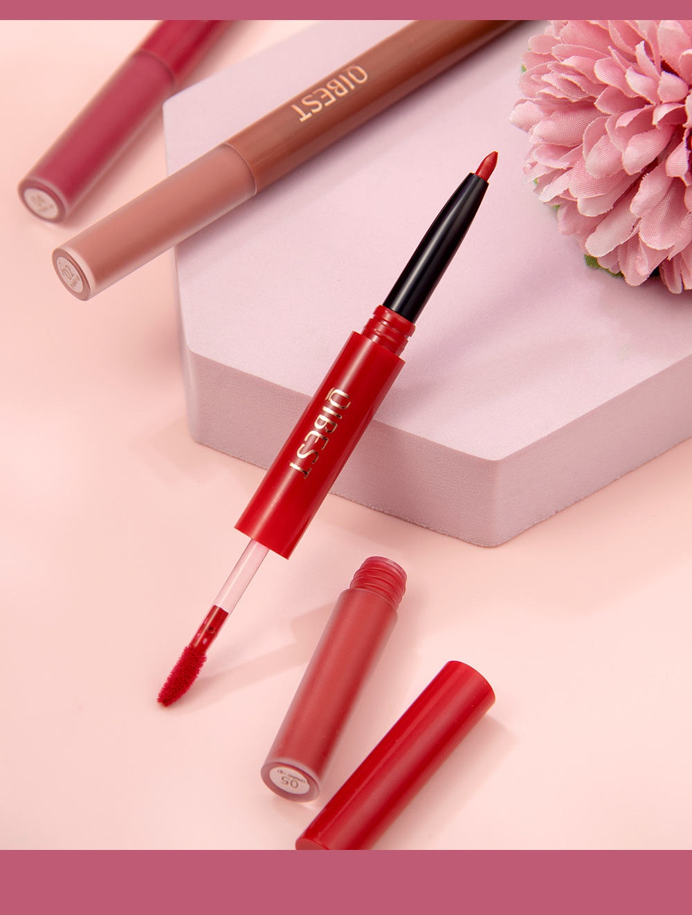 QIBEST Cross-border two-in-one Lip gloss and lip liner pen Waterproof matte velvet non-smudging double-headed lip gloss manufacturer wholesale undefined