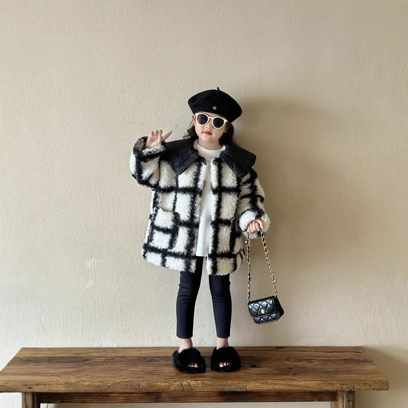 Clearance Sale No Returns: Girls' Fashion Plaid Furry Coat Children's Plush Turn-Down Collar Thickened Fleece Jacket
