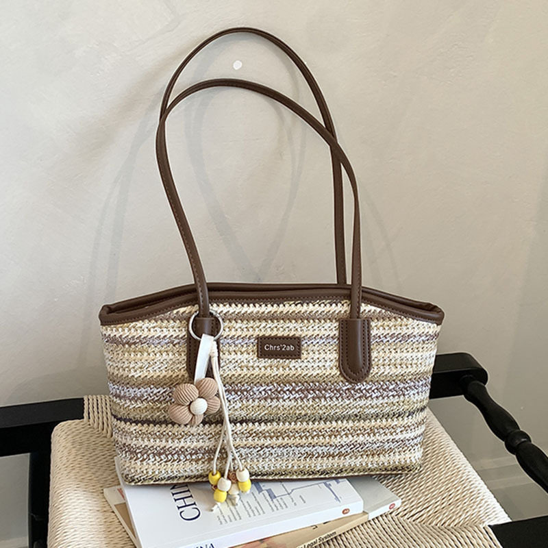 Túi tote đeo vai kẹp nách dáng ngang phong cách tối giản thanh lịch — Kaki sọc, Màu sắc, Màu xanh da trời, màu kaki