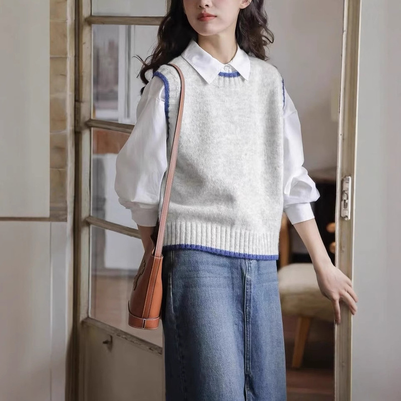 Blue Snow Mountain/Nordic style gray sweater vest autumn women's retro sweater stacked vest top new
