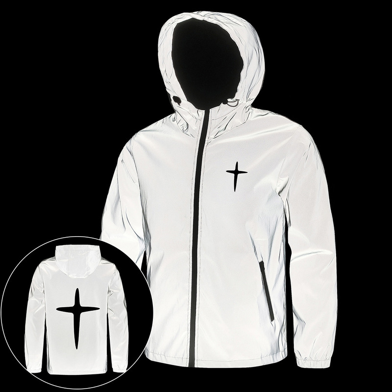 Men's Reflective Clothing Night Riding Jogging Outdoor Windproof Hooded Jacket Cross Print European and American Size Cross-Border Men's Clothing