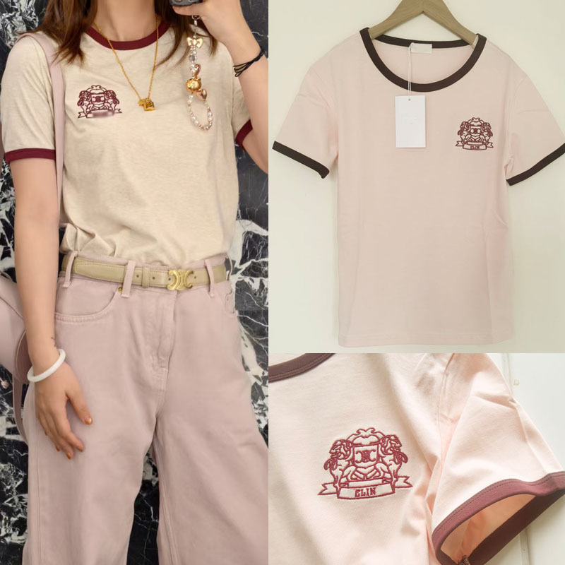 Real Shot of Spring and Summer New Ce Style Contrasting Short-Sleeved T-Shirt 70S Badge Embroidered Cotton Knitted T-Shirt Short-Sleeved Women