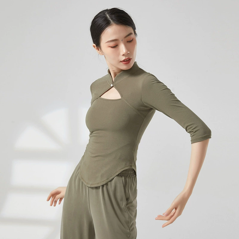 Классический танец платье Женская мода выдолбленные Qipsam воротник семь точек рукав упражнения