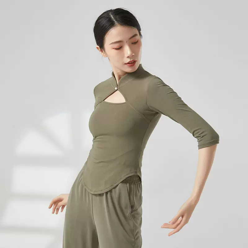古典舞舞蹈服装女时尚镂空旗袍领七分袖练功服修身显瘦形体服上衣