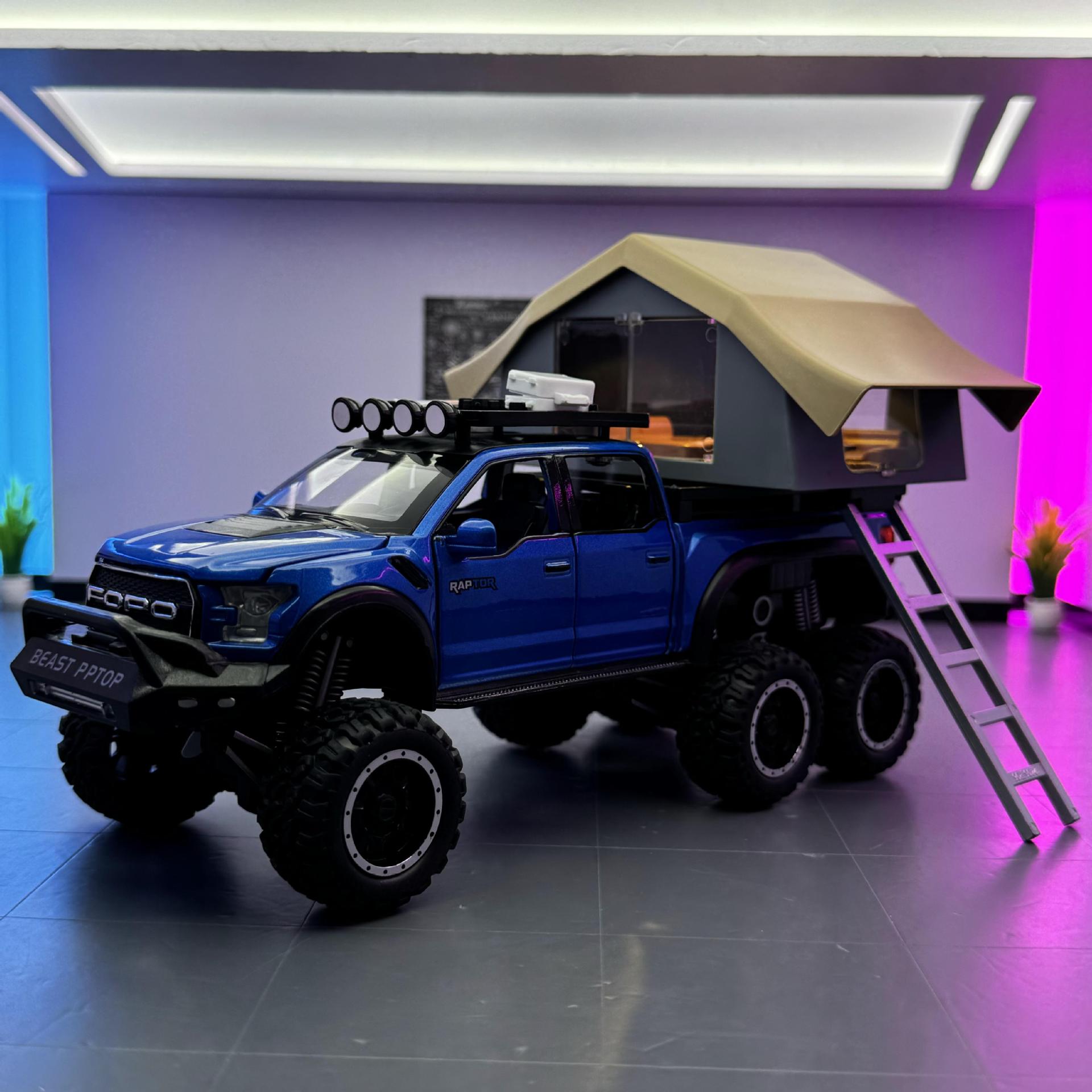 Modelo de coche de aleación 1:24 Raptor Pickup Camping RV con sonido y luz de retorno Coche de juguete Decoración de modelo de sonido