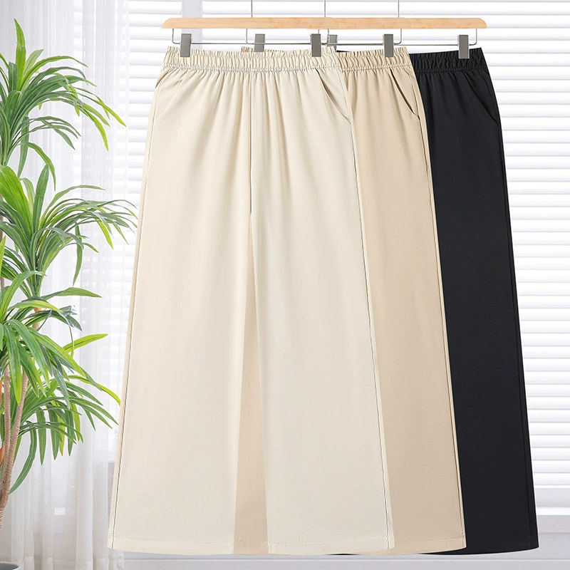 Мама летнее платье тонкие ледяные шелковые повседневные брюки среднего и пожилого возраста свободные широкие брюки для женщин, эластые брюки, длинные брюки, прямые брюки