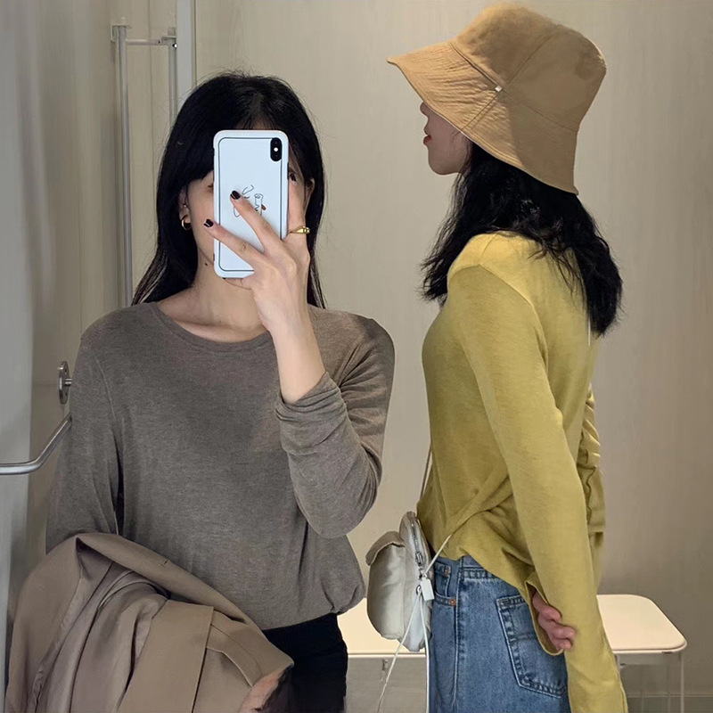 Women's sweater new spring and autumn bottled shirt female solid color loose-collar long sleeved T-shirt AMOMI National girlfriend clothes