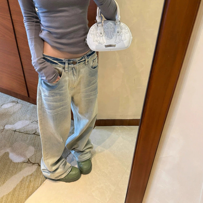 Sunoneone Light-Colored Washed Gradient Wide-Leg Jeans for Women, New Autumn Style, High-Quality Low-Waist Loose Straight Pants Sunoneone Light-Colored Washed Gradient Wide-Leg Jeans for Women, New Autumn Style, High-Quality Low-Waist Loose Straight Pants