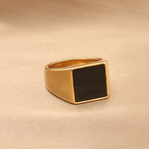 Eurasian Style Titanium Steel Black Glass Ring Retro Trend Men's Punk Stainless Steel Black Gemstone Square Ring 280102