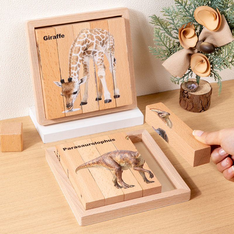 Amazon educación temprana multifuncional bloque de madera puzzle de animales para bebés puzzle adornos de madera tallado impresión puzzle puzzle