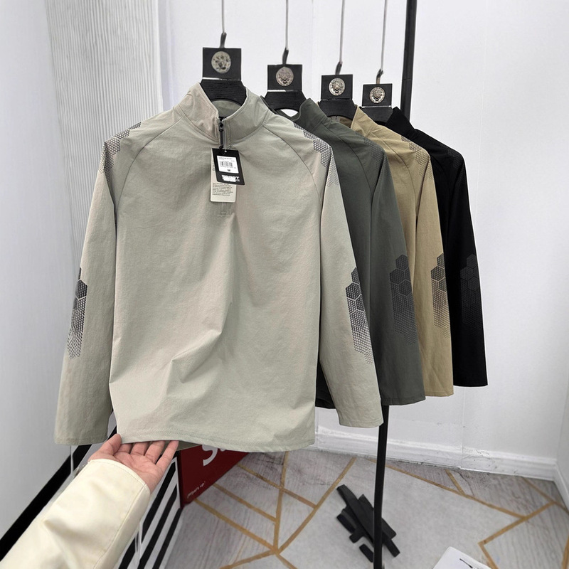 Fashionable Outdoor Sports Tops ~ Spring New Lightweight Quick-Drying Breathable Men's Half-Zip Stand-Up Collar Long-Sleeved T-Shirt