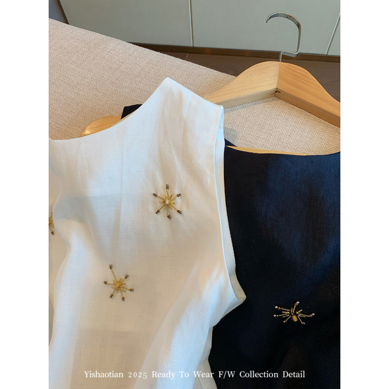 オールドマネースタイルビーズ刺繍リネンノースリーブトップ女性の夏の新しいデザインシンプルな気質多用途痩身ベスト|undefined