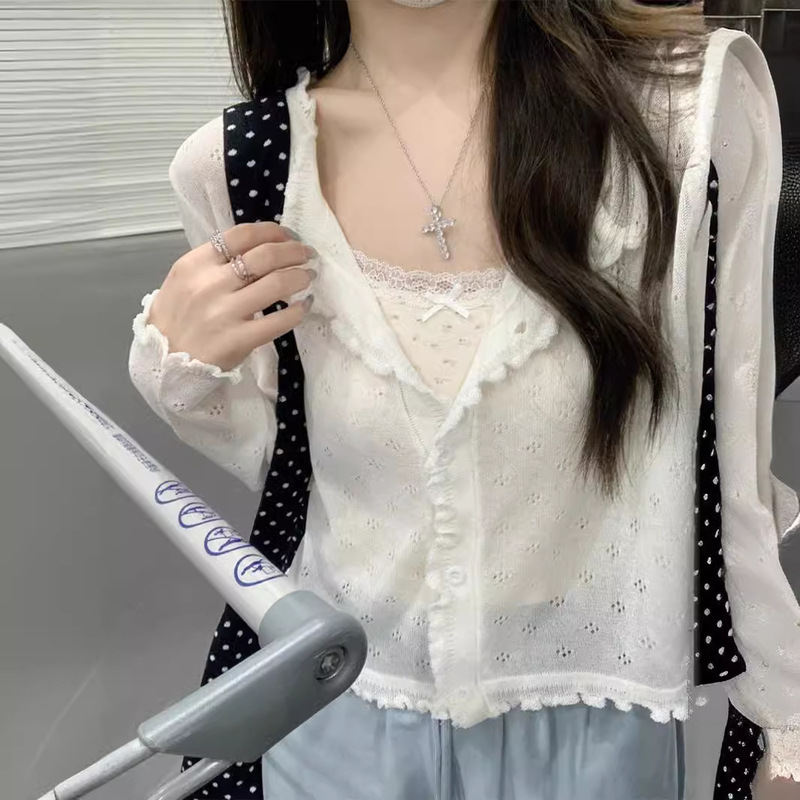 Ear Edge Design Sense Ice Silk Hollow-out Sunscreen Knitted Cardigan Women's Summer Shawl Outer Collocation Strap Skirt Top