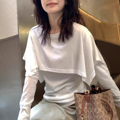一勺甜 假两件披肩长袖白色T恤女2025秋季休闲上衣