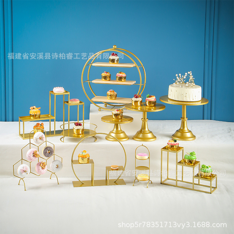 Boda europea creativa hierro forjado refrigerio estante buffet comida fría mesa de té descanso mesa de postres dorados exhibición estante de pastel