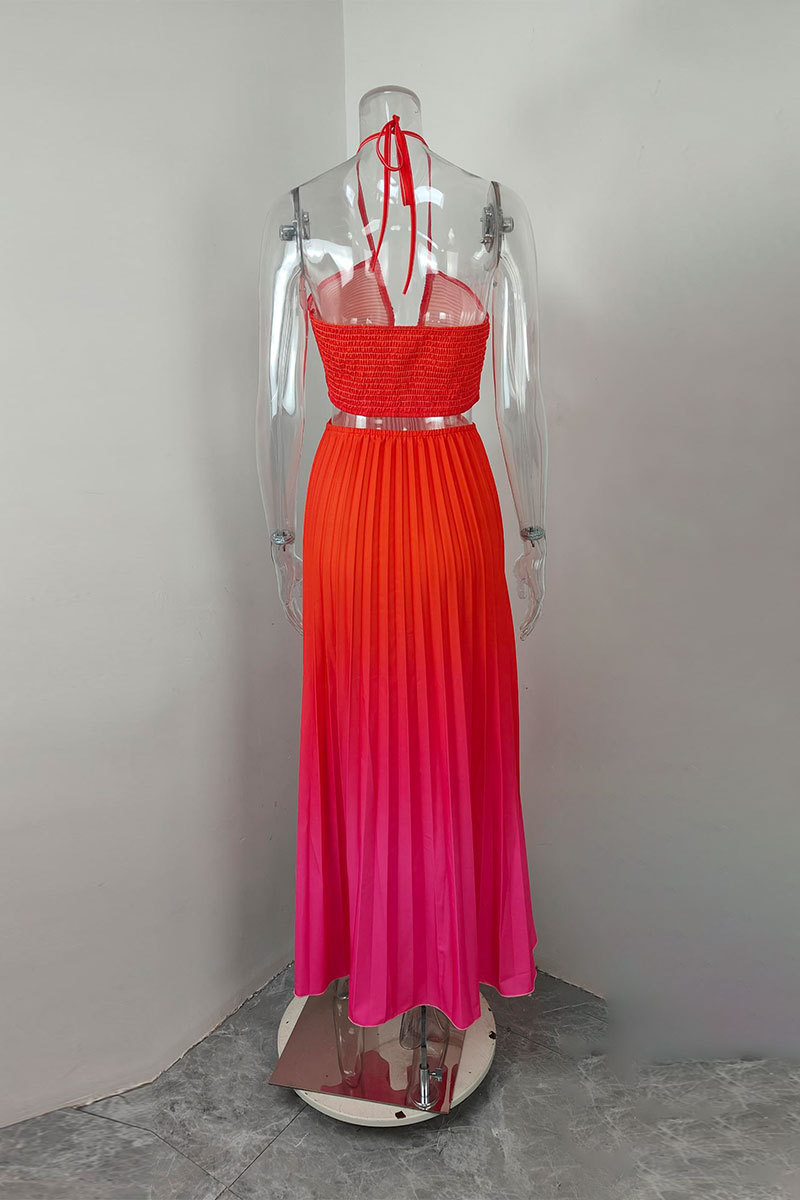 Women's Elegant Hollow Out Halter Neck Dress Spring 2026 Sexy Gradient Color Long Casual American Style Summer Clothing_ecoleips.com
