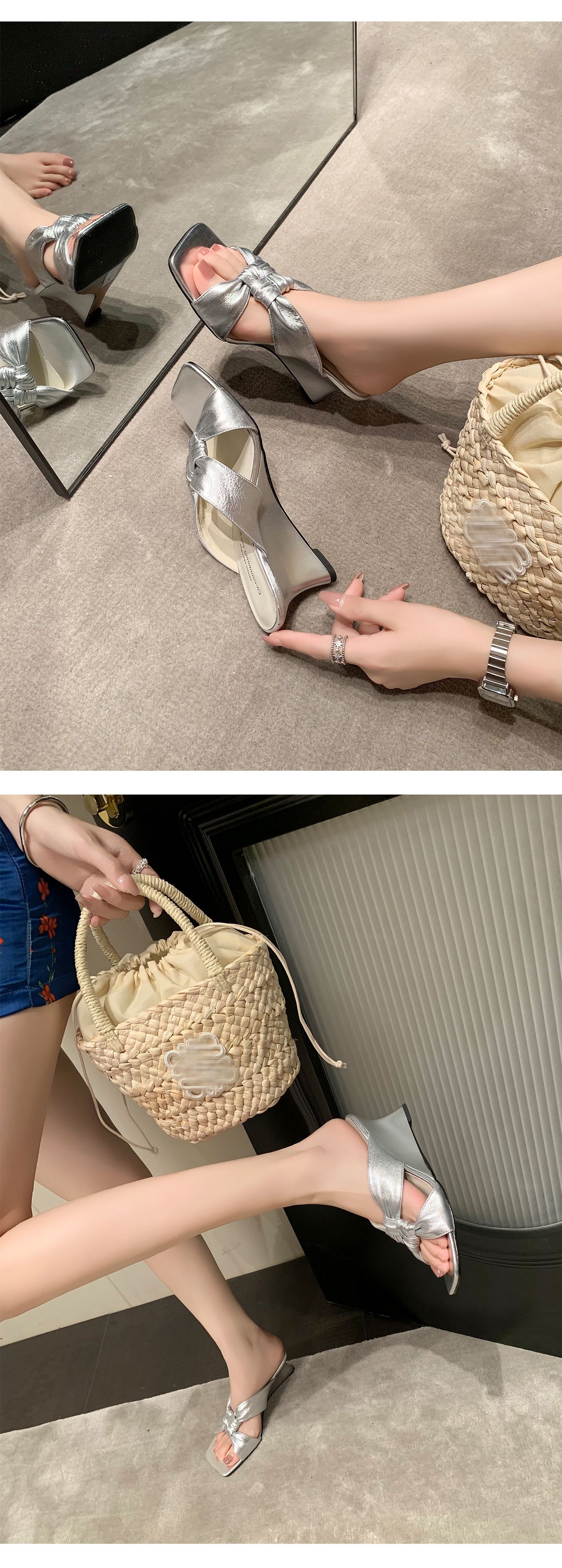Sandal cao gót nữ mũi vuông hở ngón đế xuồng quai chéo — màu vàng, màu trắng ngà, bạc chi tiết 14