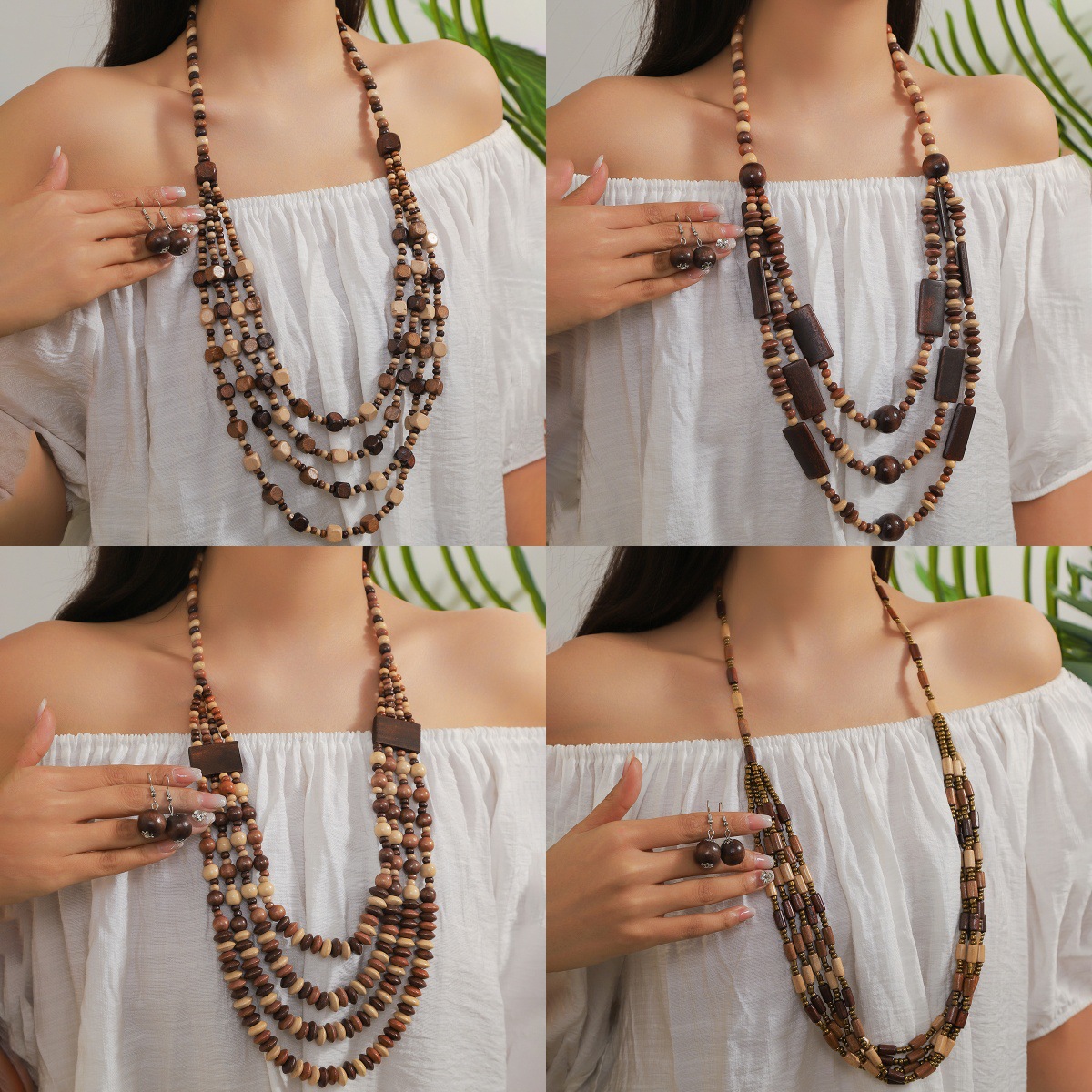 Traje de joyería de mujer de estilo étnico bohemio de múltiples capas con cuentas redondas grandes multicolores retro europeo y americano