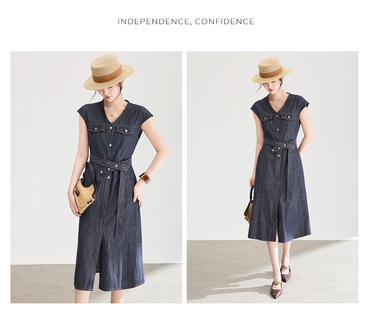 Váy denim nữ cổ ve sành điệu dáng suông midi — xanh đậm chi tiết 13